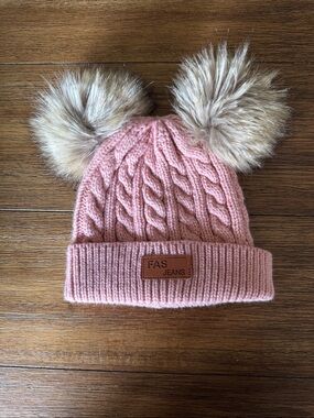 Kids Pink Cable Knit Pom Beanie